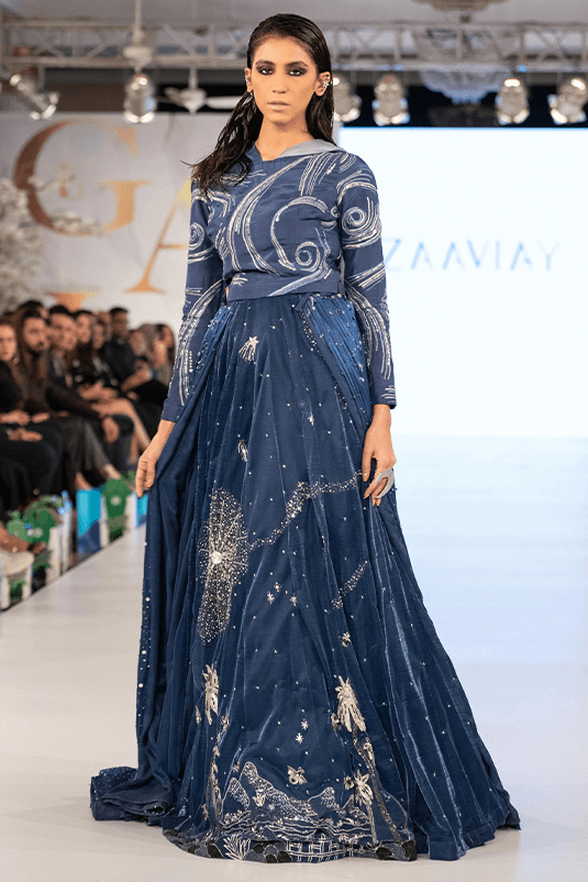 Navy Blue Embroidered Raw Silk & Moonlight Lehenga (2-Piece) - Image 3