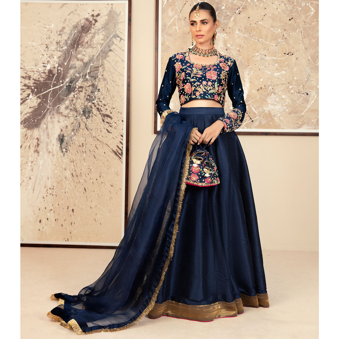 Pakistani Navy Blue Embroidered Raw Silk Lehenga Choli (3-Piece) - Image 1