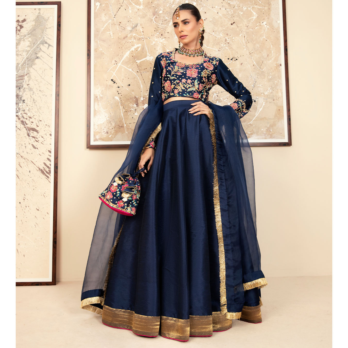 Pakistani Navy Blue Embroidered Raw Silk Lehenga Choli (3-Piece) - Image 2