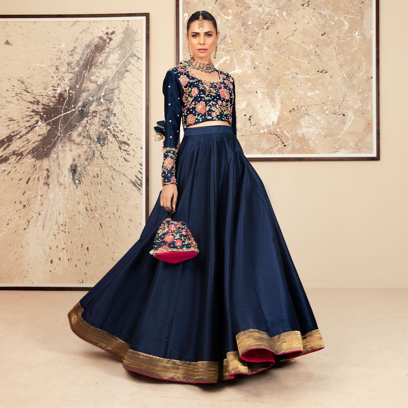 Pakistani Navy Blue Embroidered Raw Silk Lehenga Choli (3-Piece) - Image 3