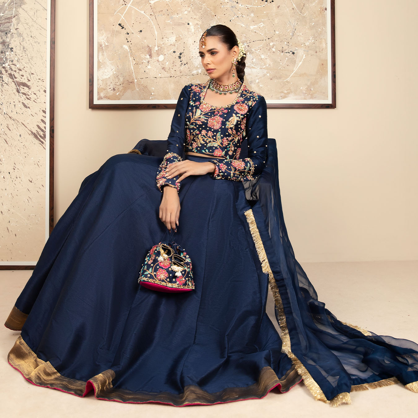 Pakistani Navy Blue Embroidered Raw Silk Lehenga Choli (3-Piece) - Image 5