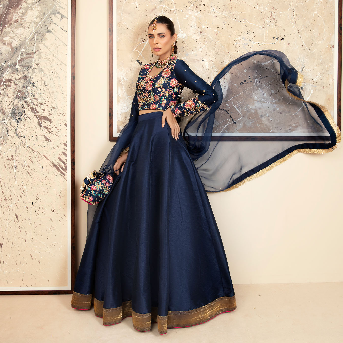 Pakistani Navy Blue Embroidered Raw Silk Lehenga Choli (3-Piece) - Image 6