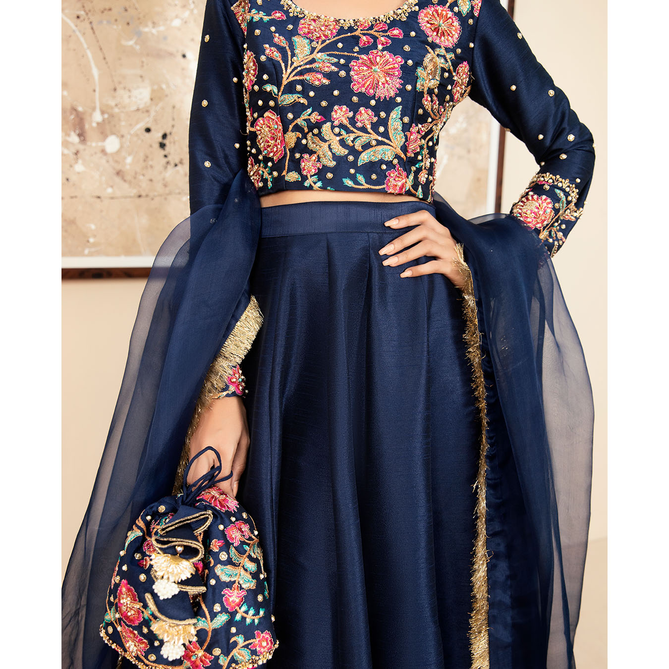 Pakistani Navy Blue Embroidered Raw Silk Lehenga Choli (3-Piece) - Image 8