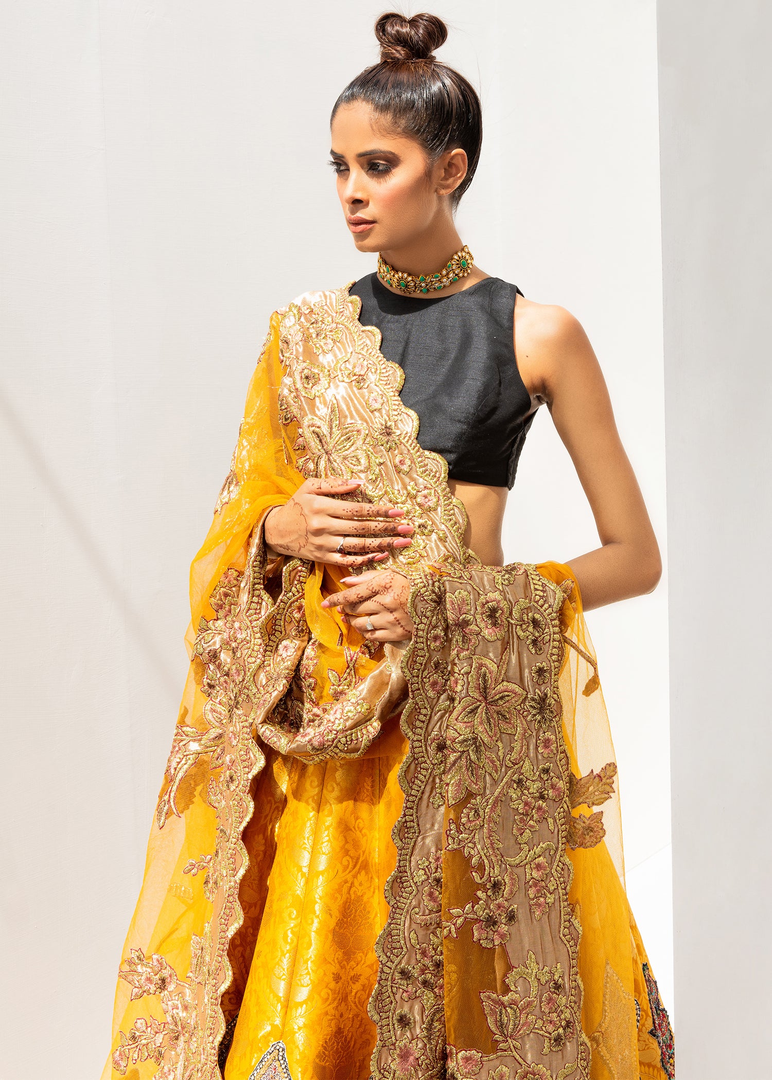 Pakistani Navy and Mustard Embroidered Raw Silk Lehenga Choli (3-Piece) - Image 2