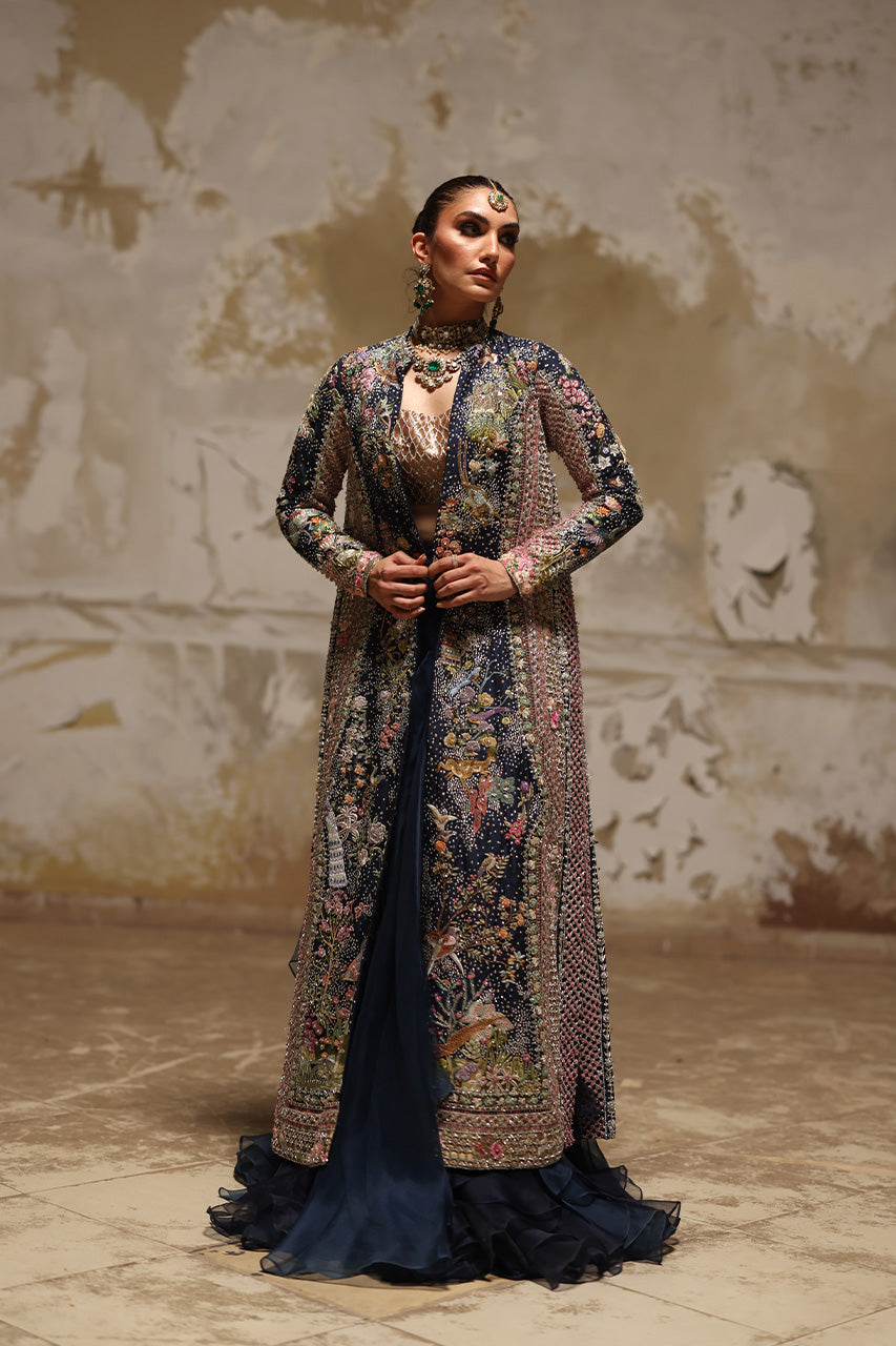 Pakistani Navy Zardozi Raw Silk Jacket & Organza Lehenga (3-Piece) - Image 1