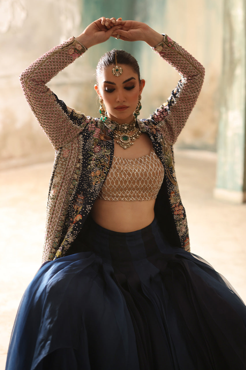 Pakistani Navy Zardozi Raw Silk Jacket & Organza Lehenga (3-Piece) - Image 5
