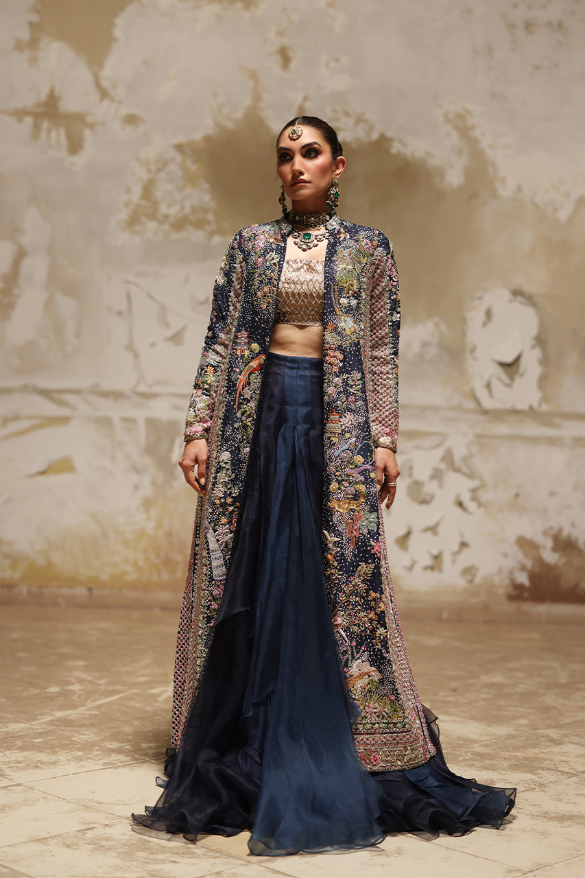 Pakistani Navy Zardozi Raw Silk Jacket & Organza Lehenga (3-Piece) - Image 7