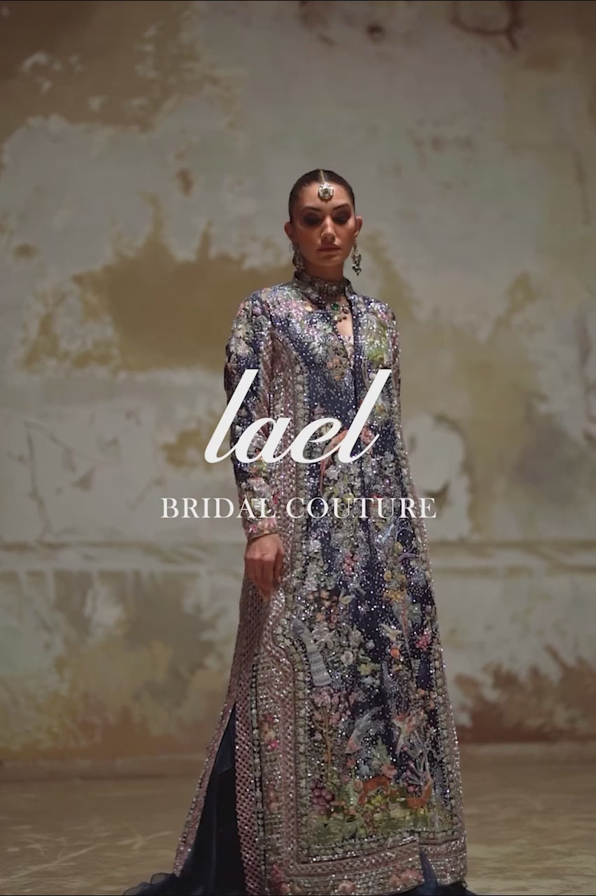 Pakistani Navy Zardozi Raw Silk Jacket & Organza Lehenga (3-Piece) - Image 9