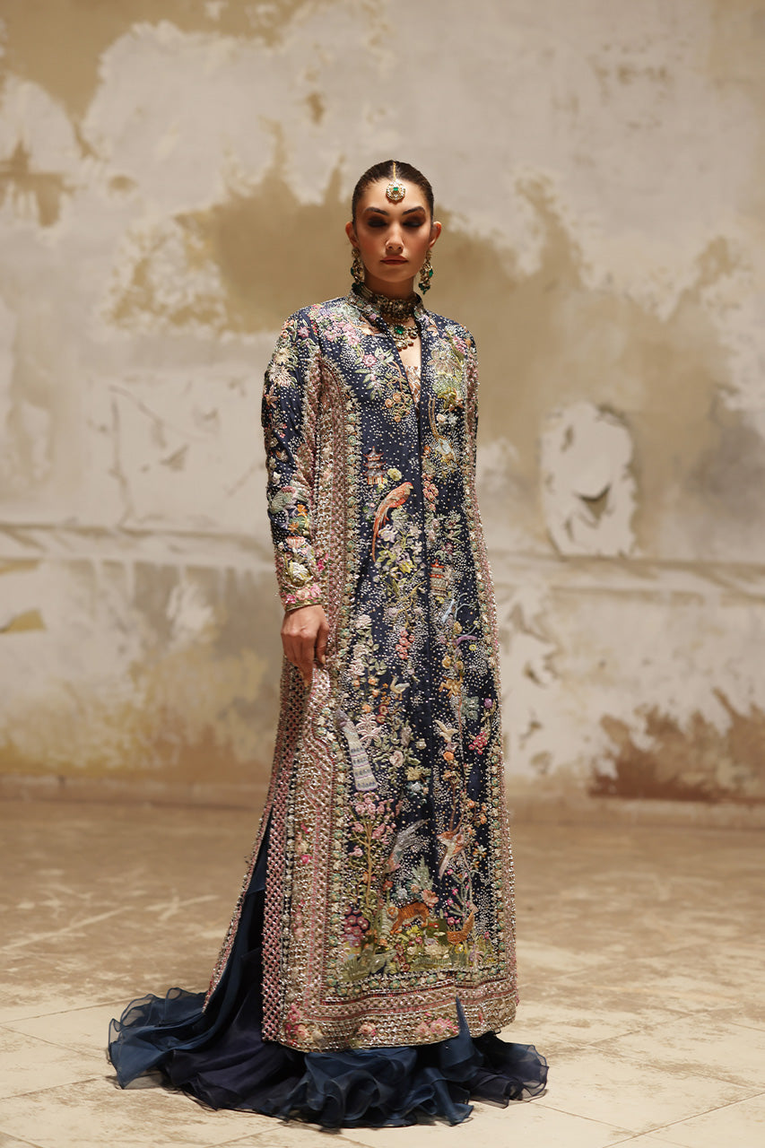 Navy Embellished Raw Silk Jacket Lehenga (3-Piece) - Image 2