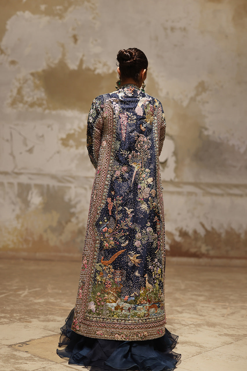 Navy Embellished Raw Silk Jacket Lehenga (3-Piece) - Image 3