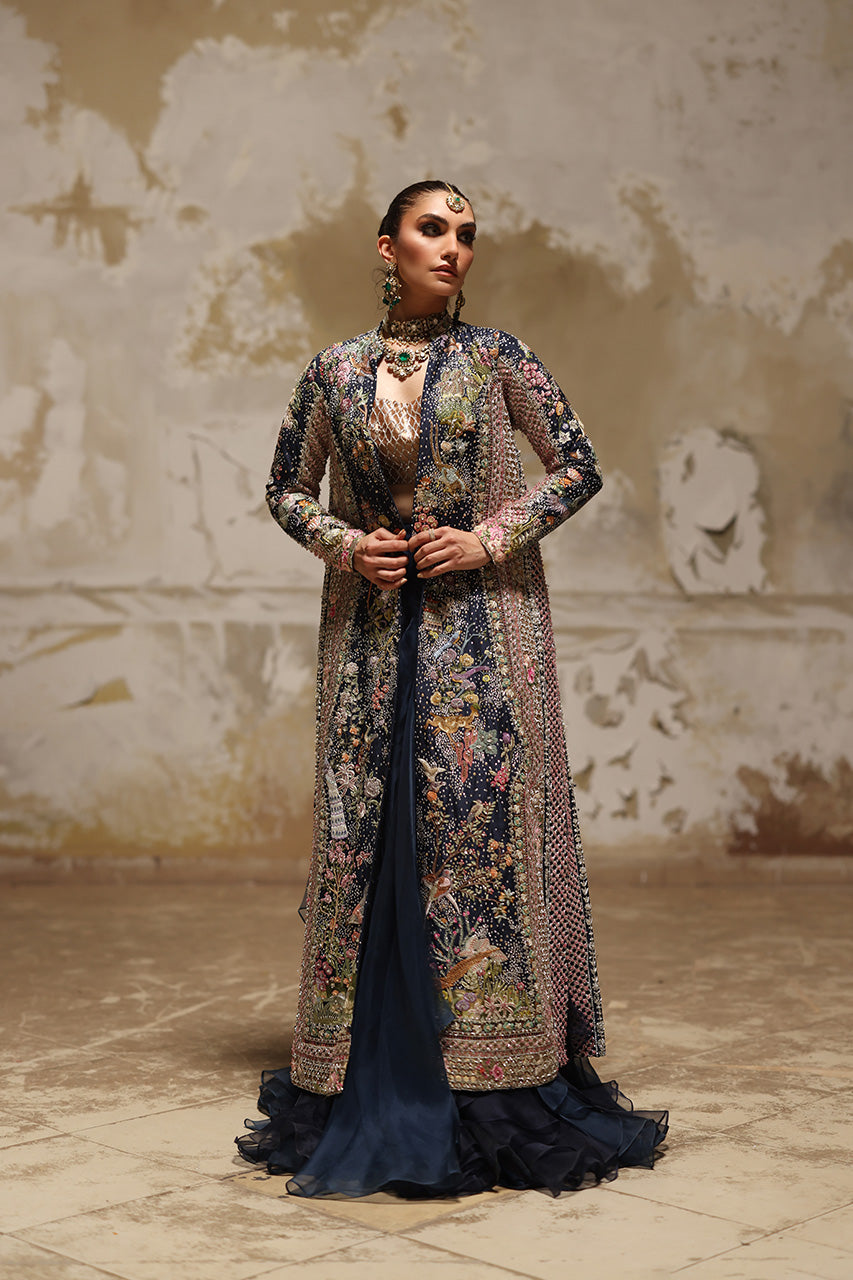 Navy Embellished Raw Silk Jacket Lehenga (3-Piece) - Image 4