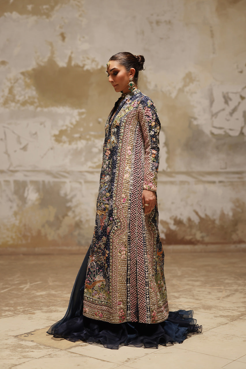 Navy Embellished Raw Silk Jacket Lehenga (3-Piece) - Image 6