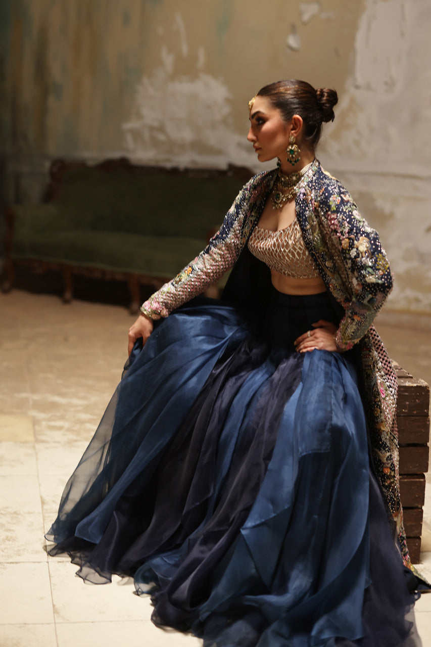 Navy Embellished Raw Silk Jacket Lehenga (3-Piece) - Image 8