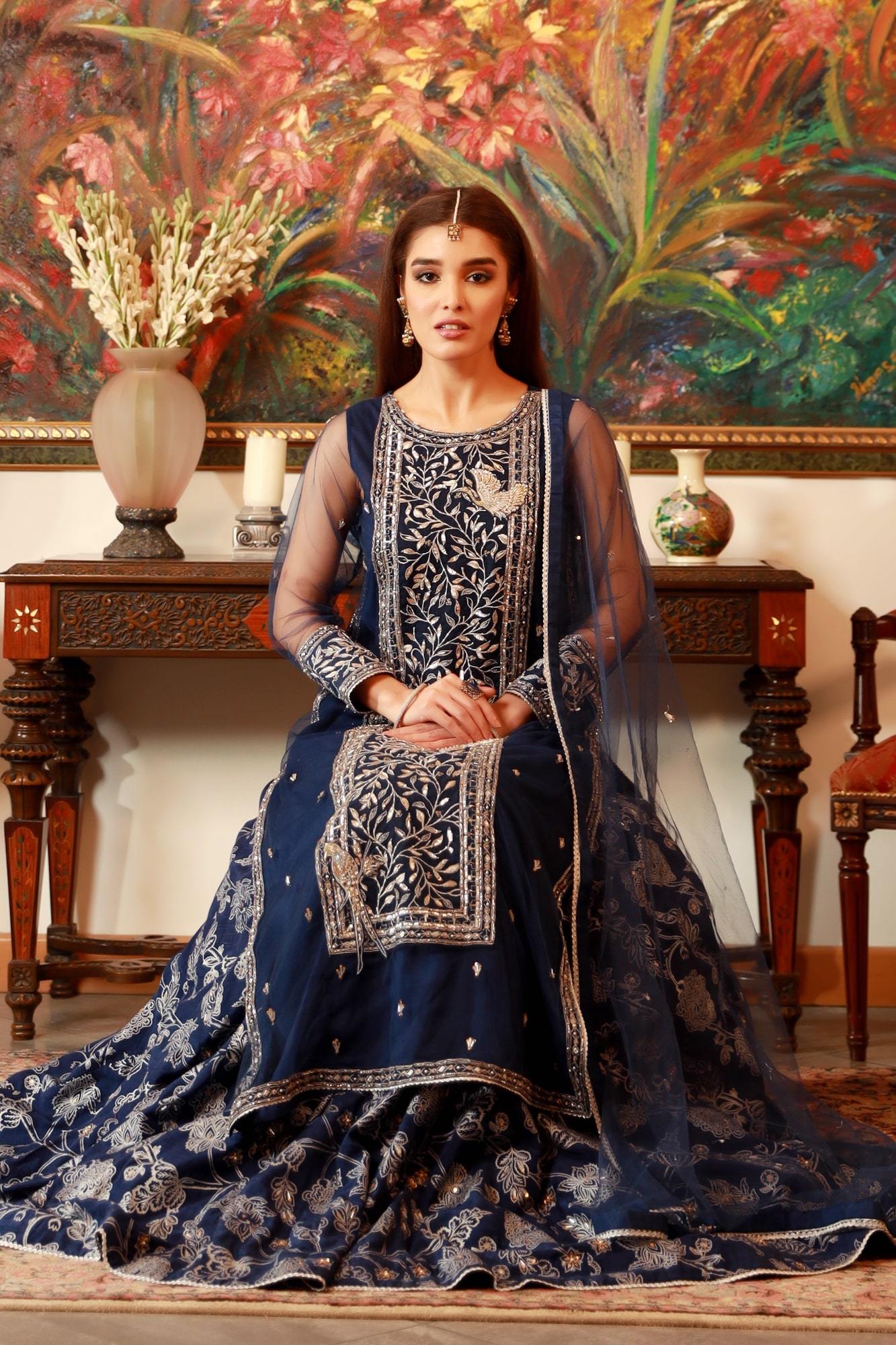 Deep Navy Zardozi Embroidered Net & Raw Silk Lehenga (3-Piece) - Image 1
