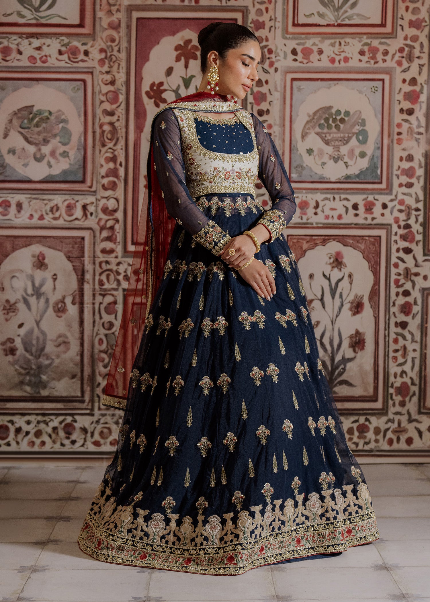 Pakistani Deep Navy Embroidered Net & Raw Silk Lehenga (3-Piece) - Image 1