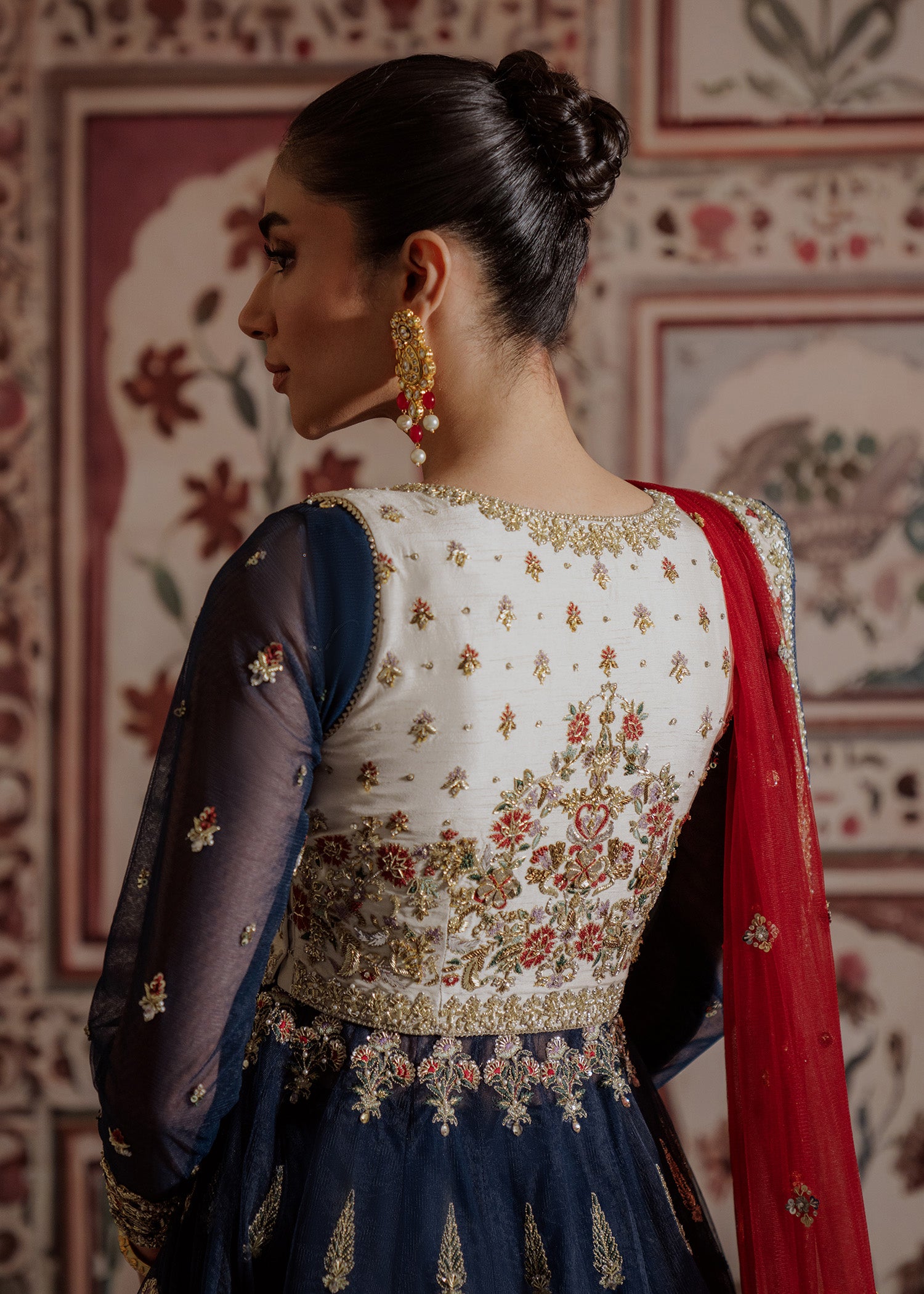 Pakistani Deep Navy Embroidered Net & Raw Silk Lehenga (3-Piece) - Image 3