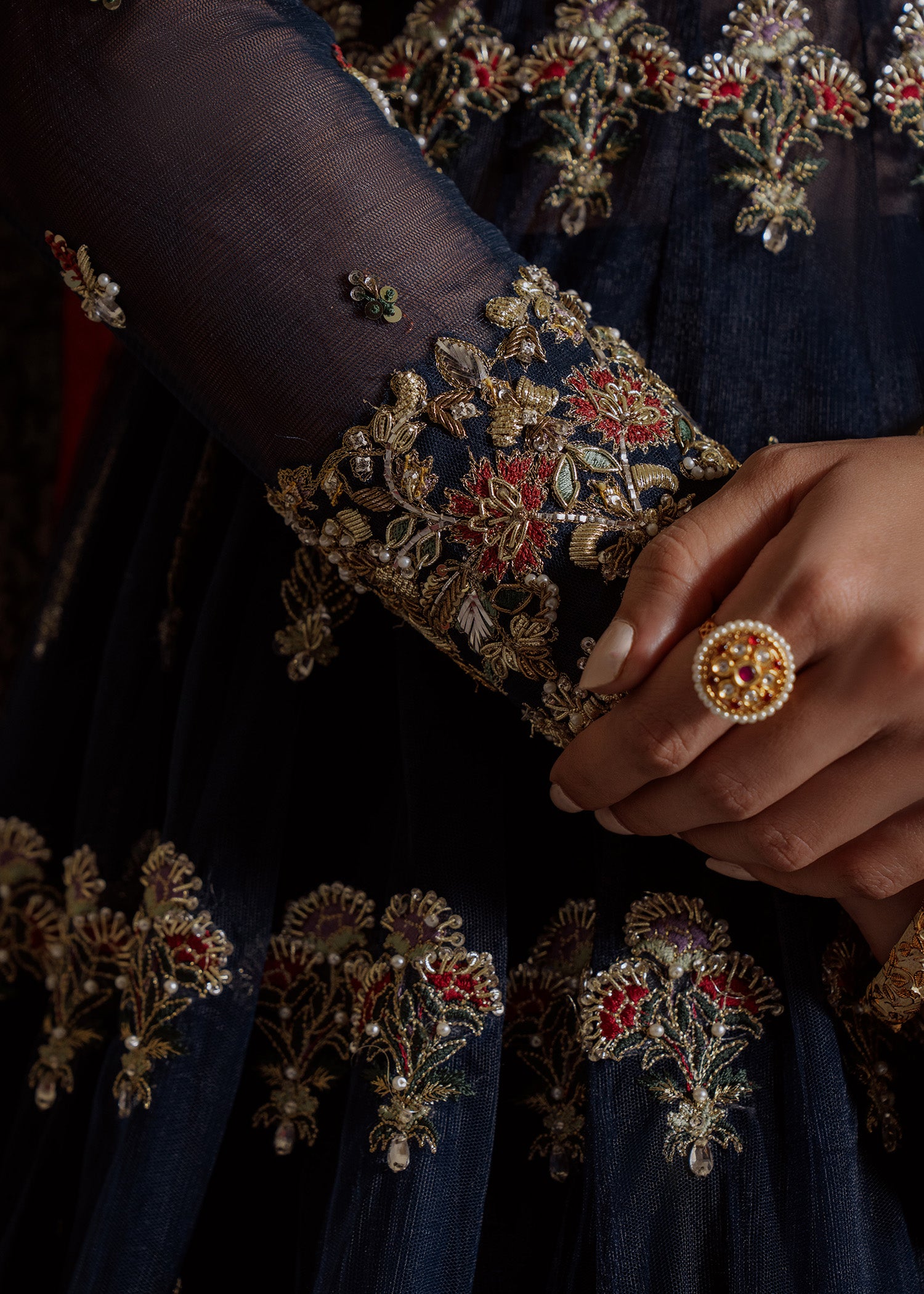 Pakistani Deep Navy Embroidered Net & Raw Silk Lehenga (3-Piece) - Image 5