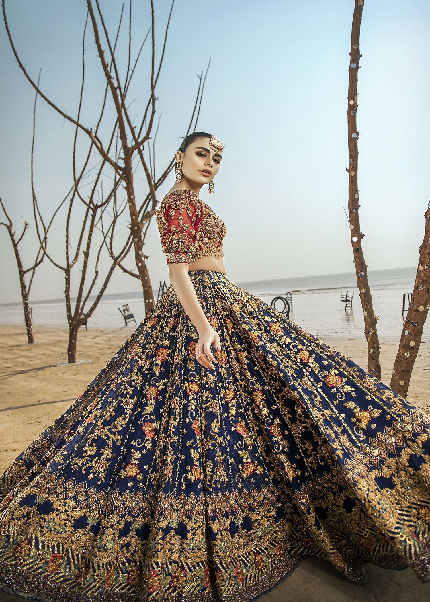 Navy Maroon Embroidered Raw Silk Bridal Lehenga (3-Piece) - Image 2