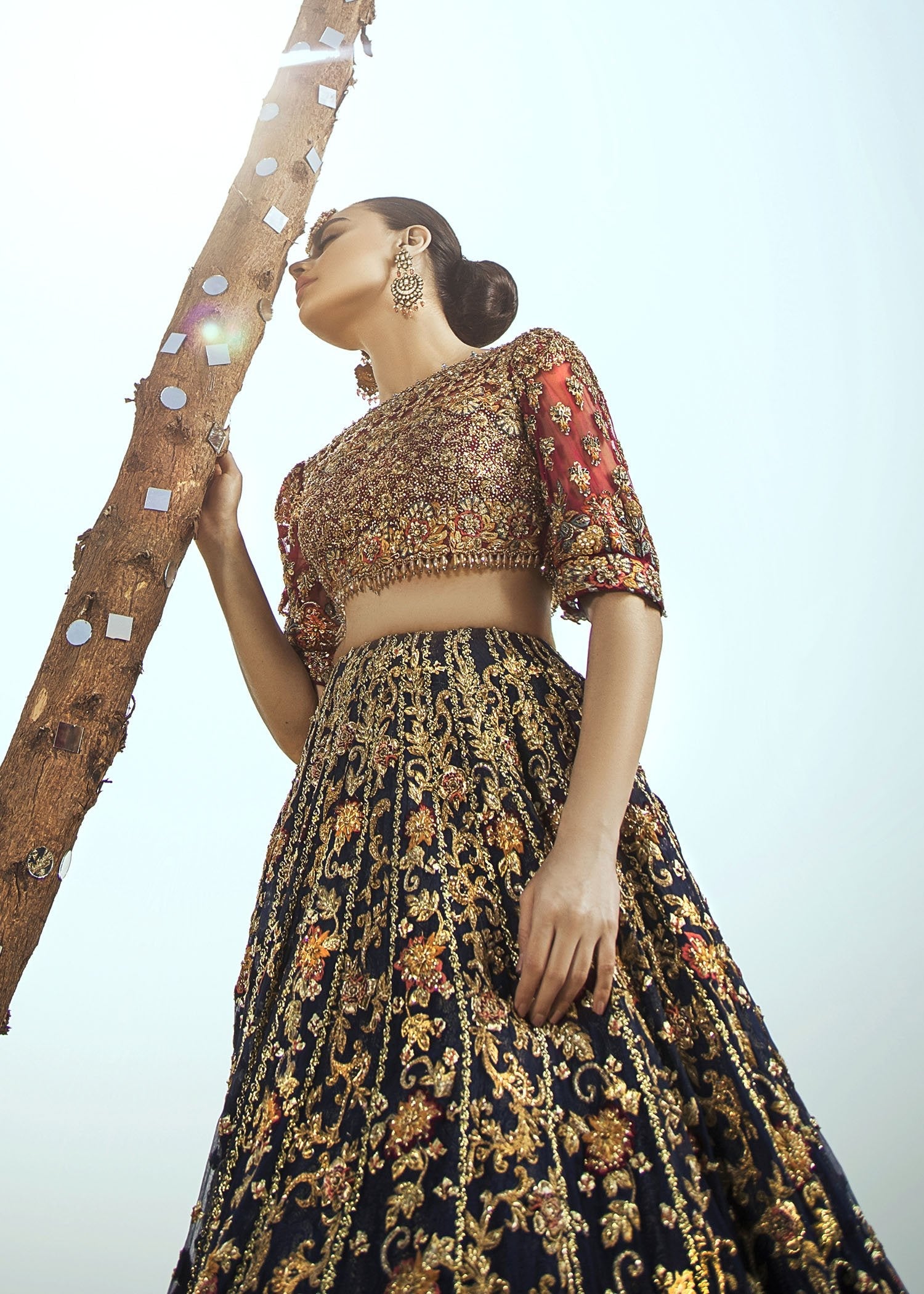 Navy Maroon Embroidered Raw Silk Bridal Lehenga (3-Piece) - Image 4