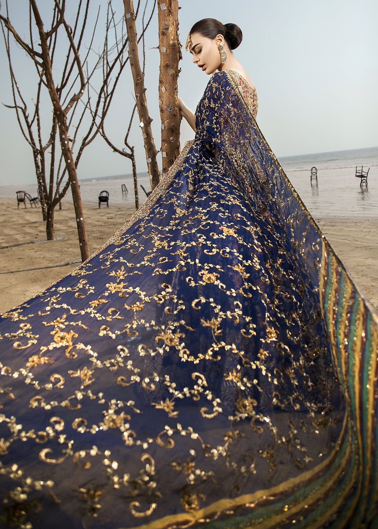 Navy Maroon Embroidered Raw Silk Bridal Lehenga (3-Piece) - Image 5