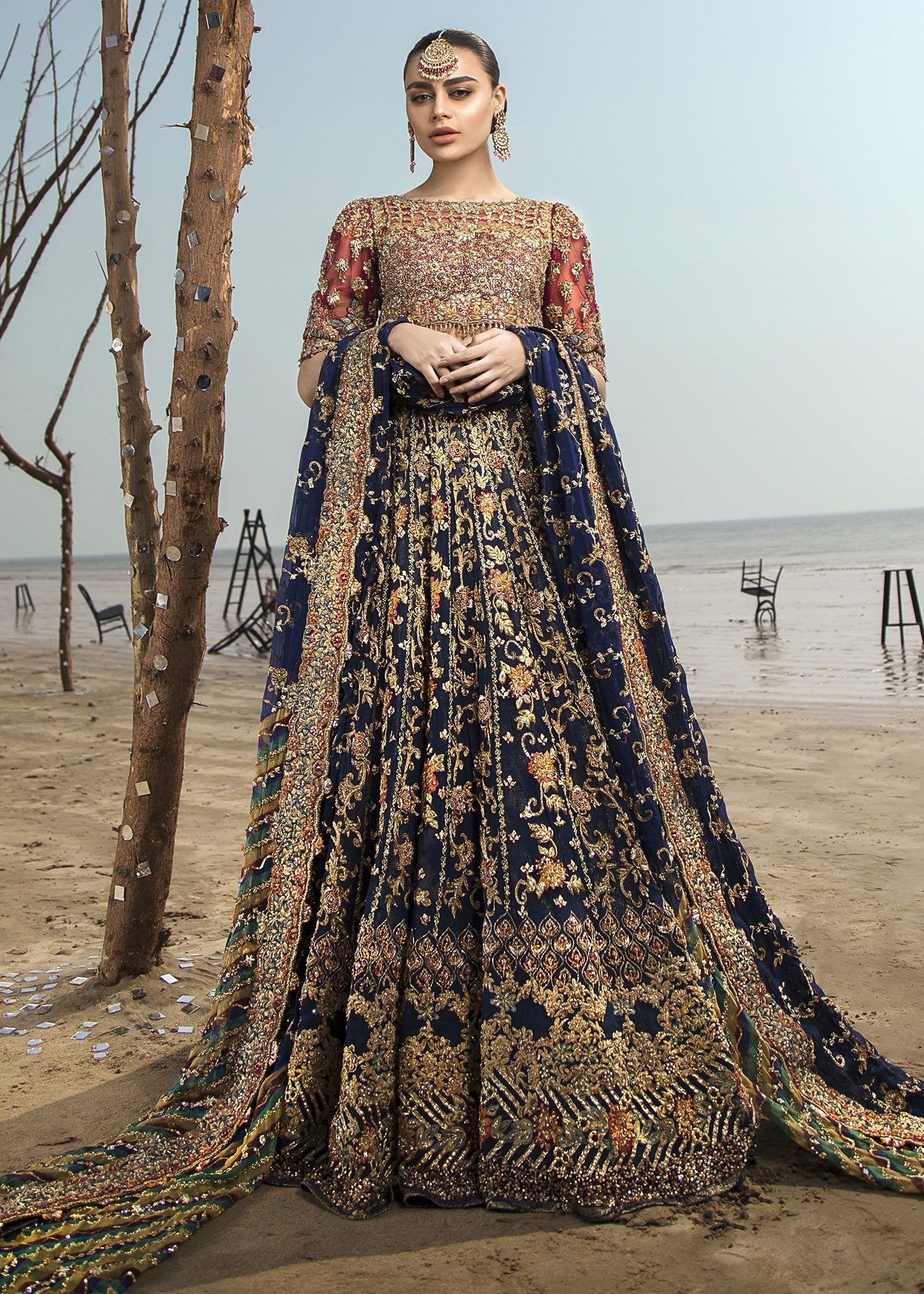 Navy Maroon Embroidered Raw Silk Bridal Lehenga (3-Piece) - Image 6
