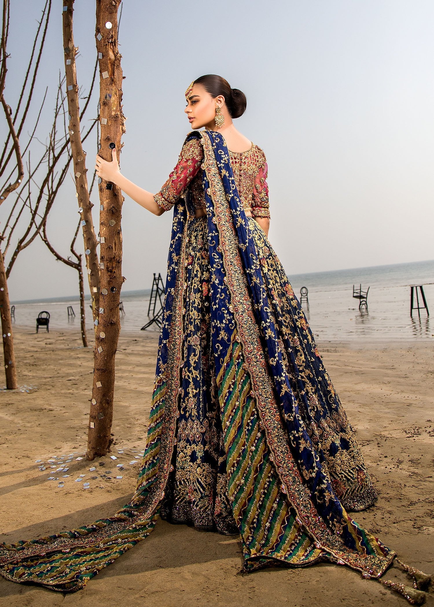 Navy Maroon Embroidered Raw Silk Bridal Lehenga (3-Piece) - Image 7