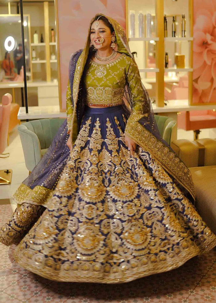 Pakistani Dhani Green Navy Blue Appliqué Silk Bridal Lehenga (3-Piece) - Image 1
