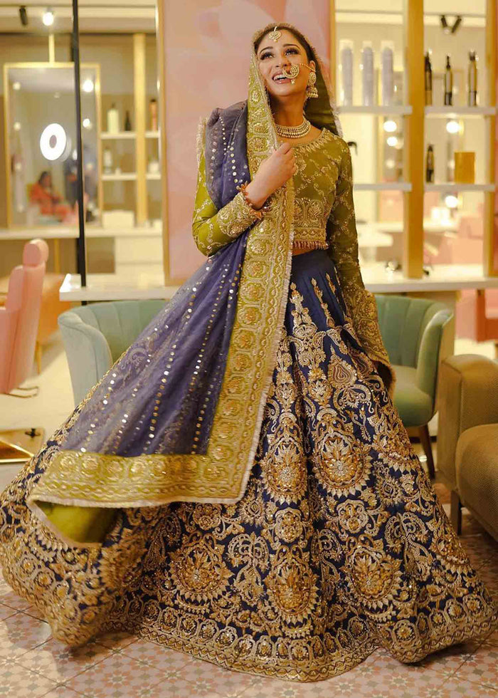 Pakistani Dhani Green Navy Blue Appliqué Silk Bridal Lehenga (3-Piece) - Image 2