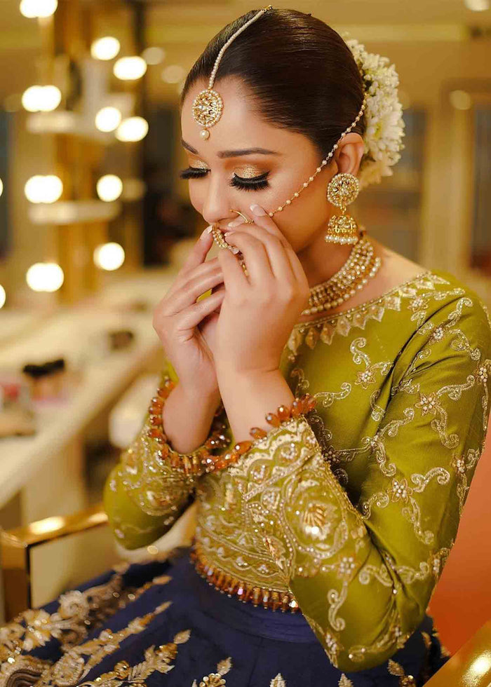 Pakistani Dhani Green Navy Blue Appliqué Silk Bridal Lehenga (3-Piece) - Image 3