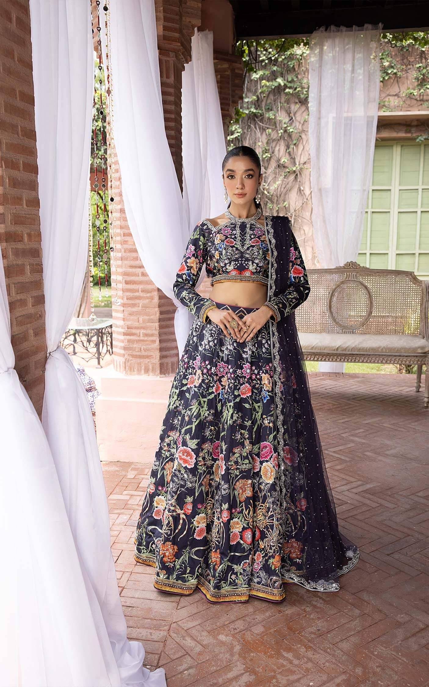 Pakistani Midnight Navy Floral Embroidered Silk-Blend Lehenga Choli (3-Piece) - Image 1