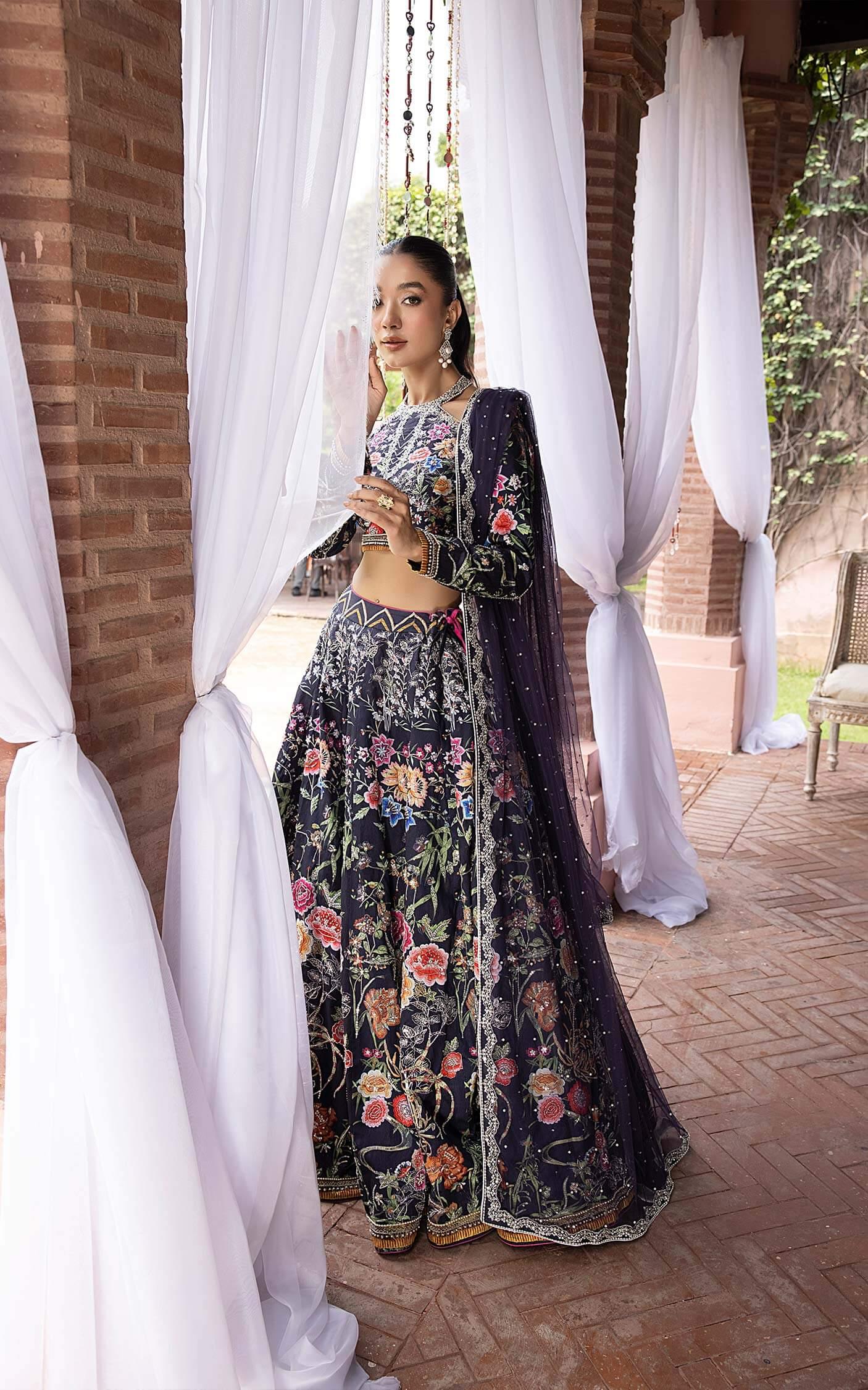 Pakistani Midnight Navy Floral Embroidered Silk-Blend Lehenga Choli (3-Piece) - Image 2