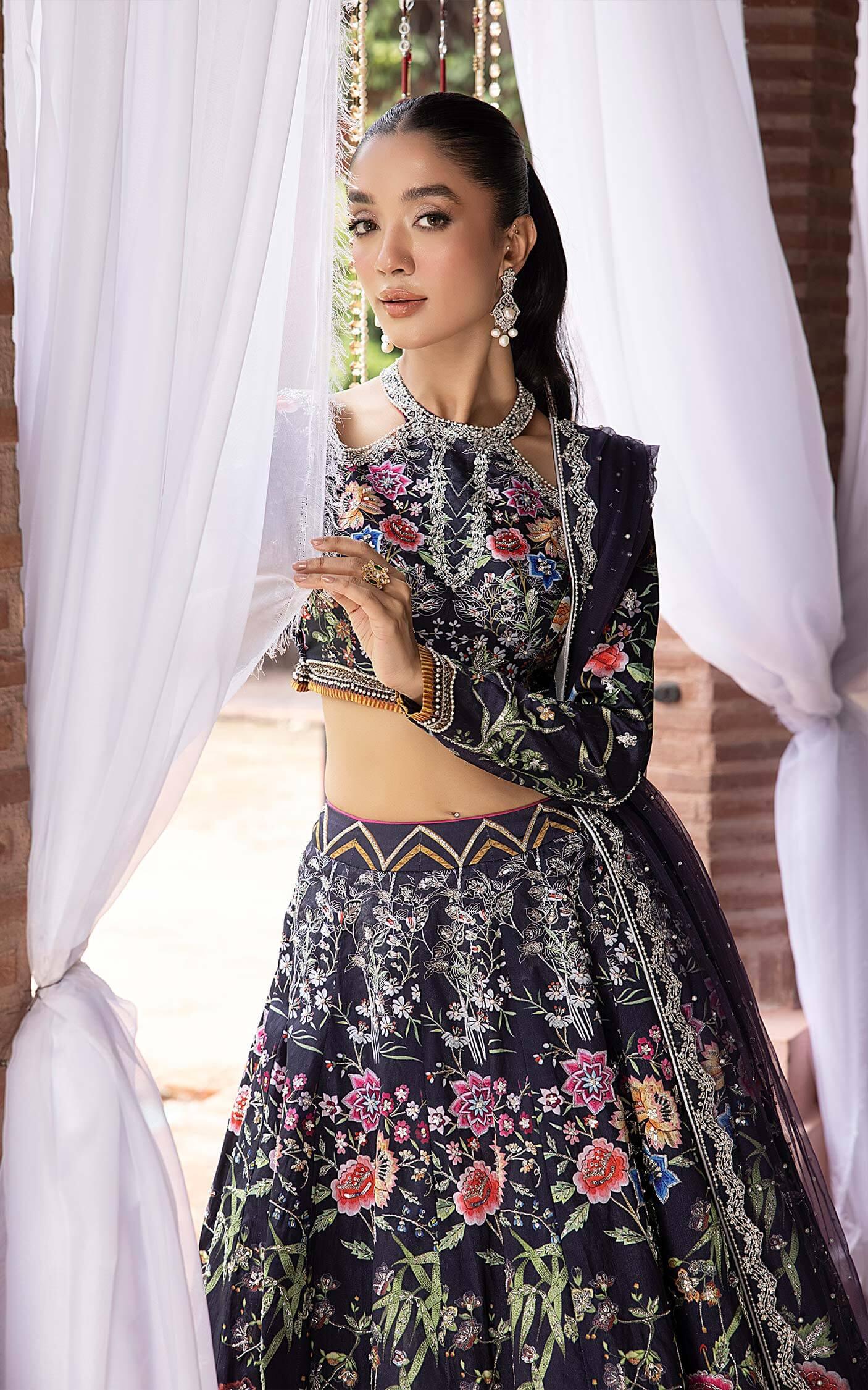 Pakistani Midnight Navy Floral Embroidered Silk-Blend Lehenga Choli (3-Piece) - Image 3