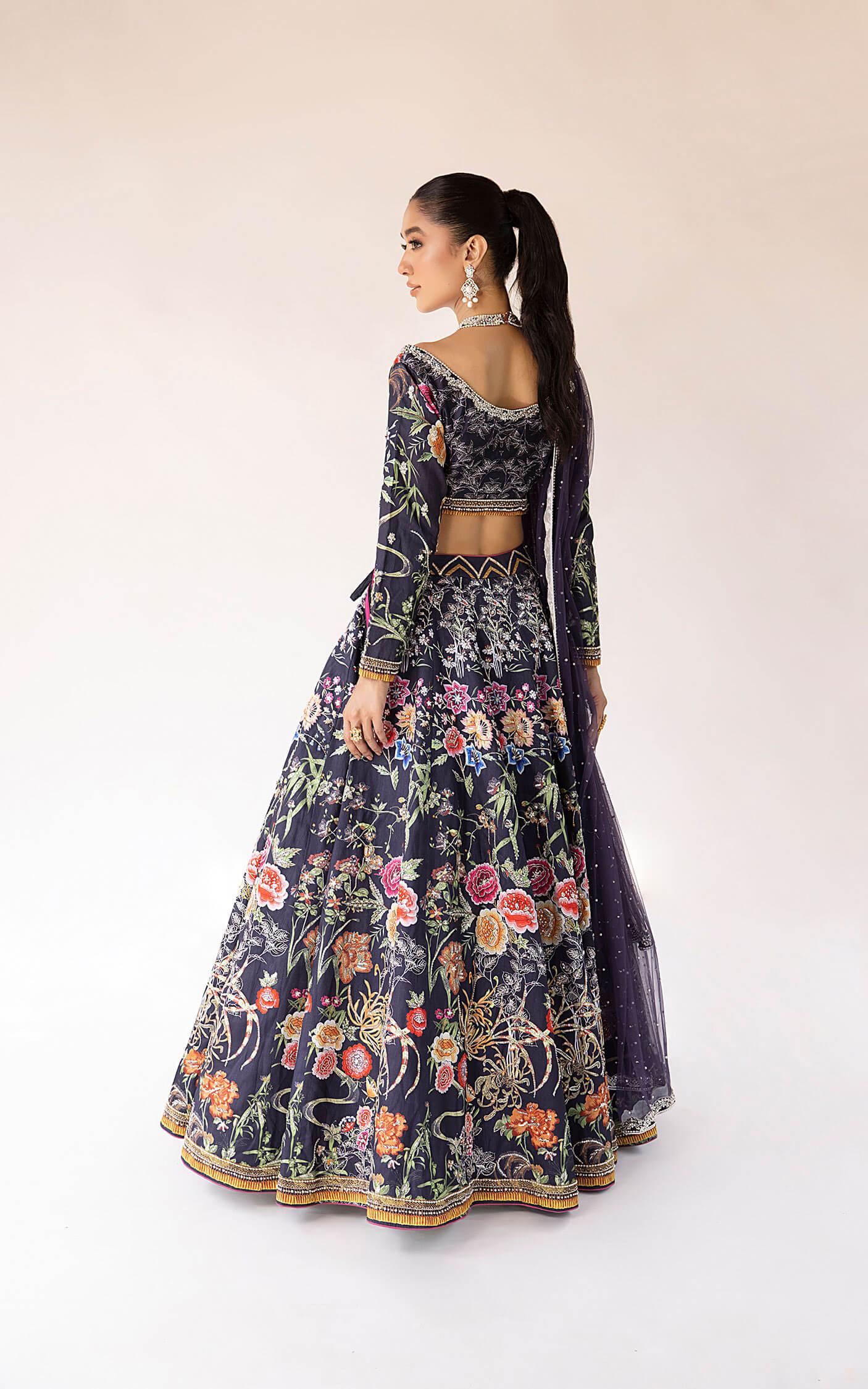 Pakistani Midnight Navy Floral Embroidered Silk-Blend Lehenga Choli (3-Piece) - Image 4