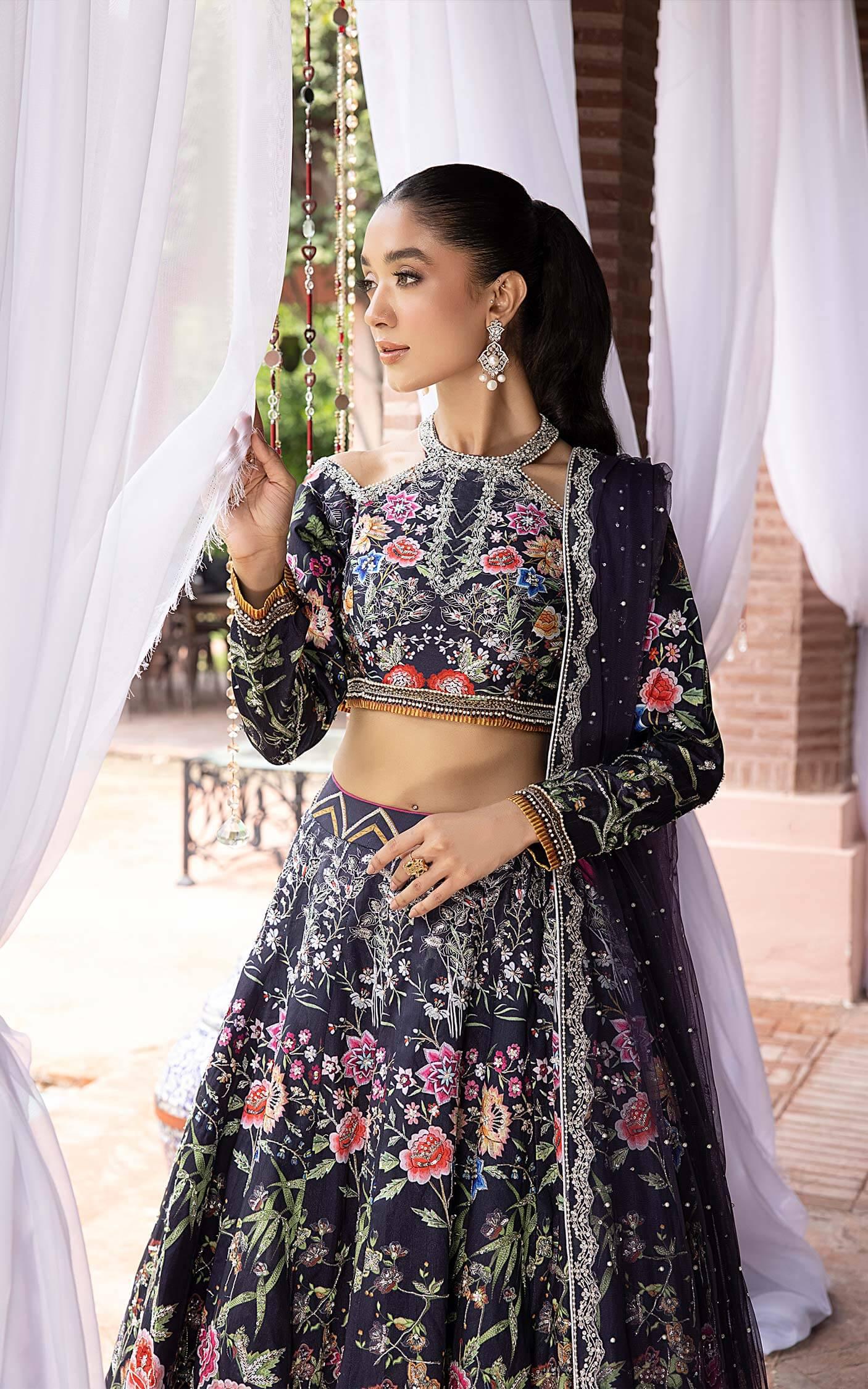 Pakistani Midnight Navy Floral Embroidered Silk-Blend Lehenga Choli (3-Piece) - Image 6