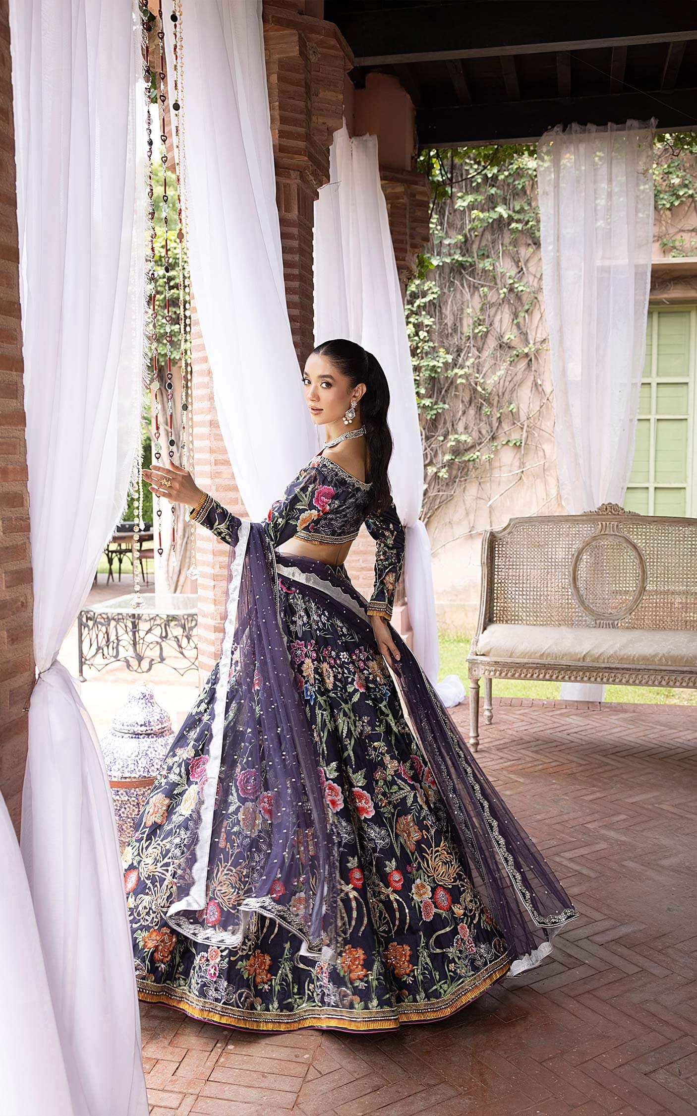 Pakistani Midnight Navy Floral Embroidered Silk-Blend Lehenga Choli (3-Piece) - Image 7