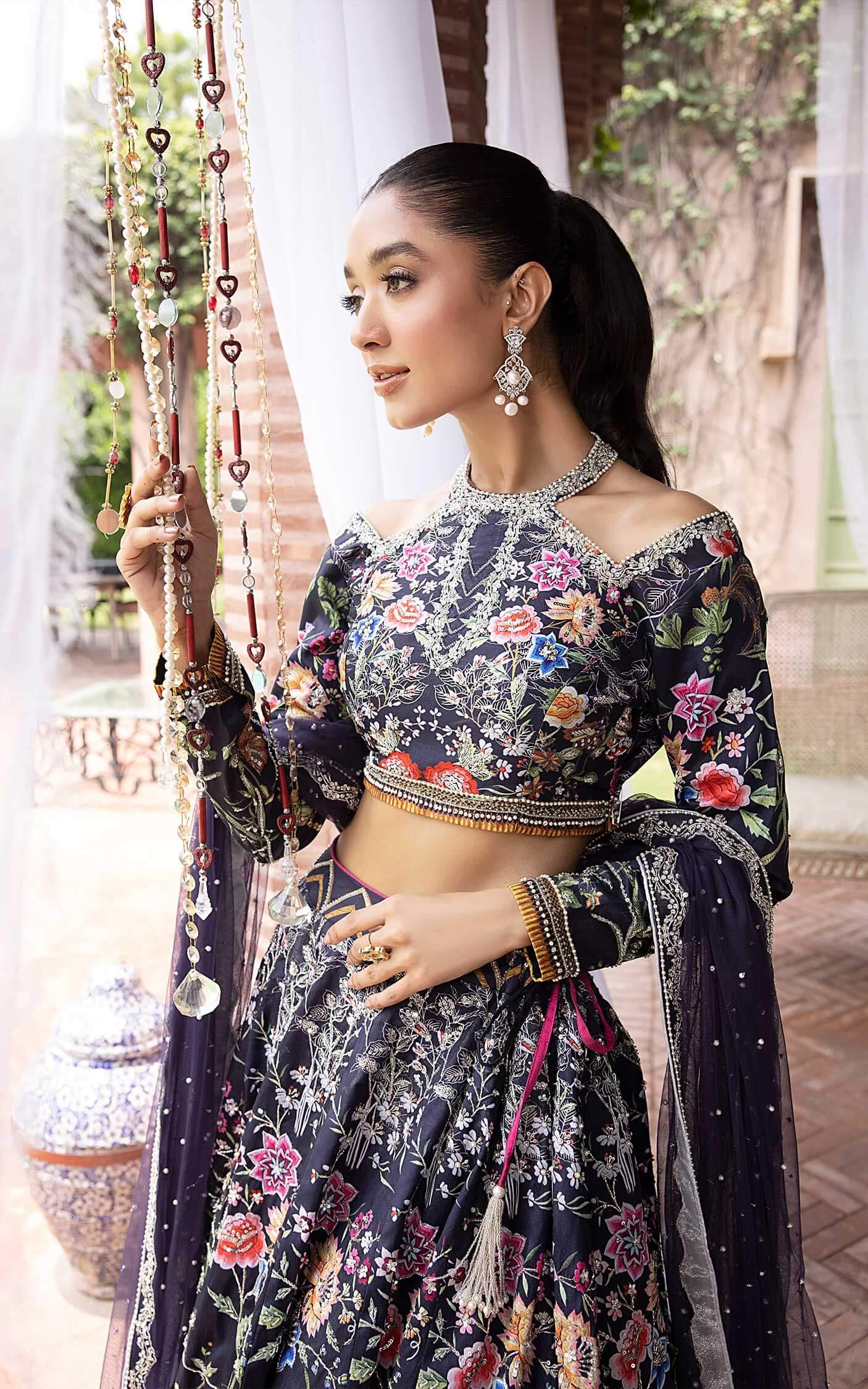 Pakistani Midnight Navy Floral Embroidered Silk-Blend Lehenga Choli (3-Piece) - Image 8