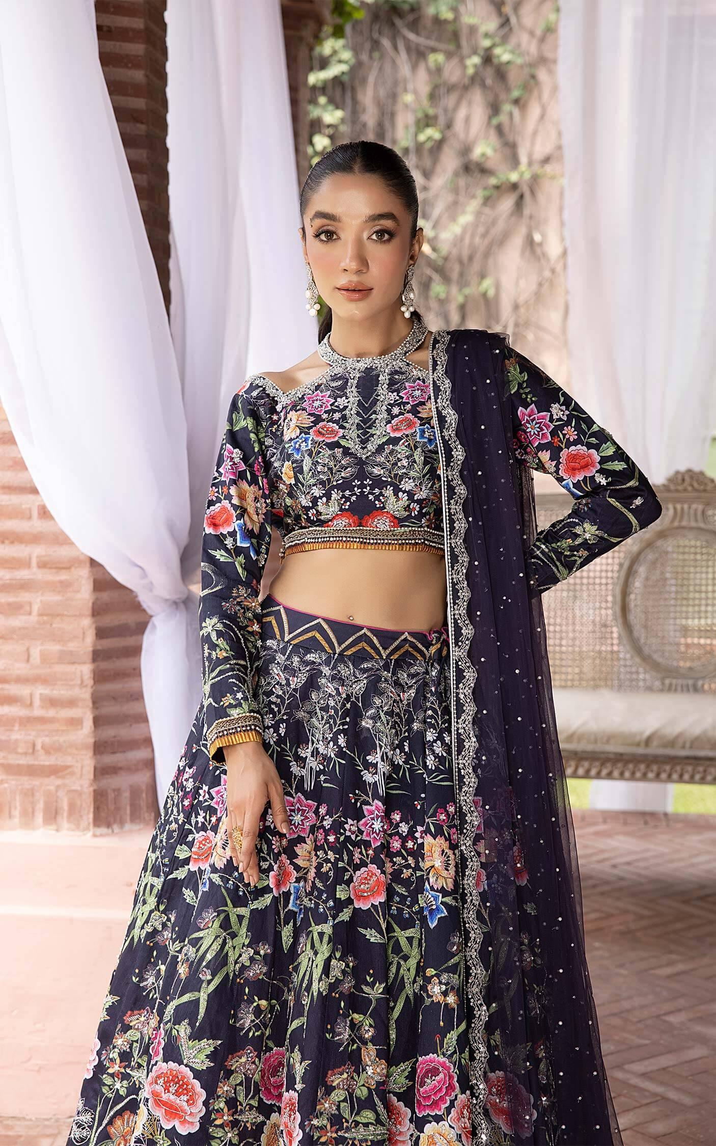 Pakistani Midnight Navy Floral Embroidered Silk-Blend Lehenga Choli (3-Piece) - Image 9