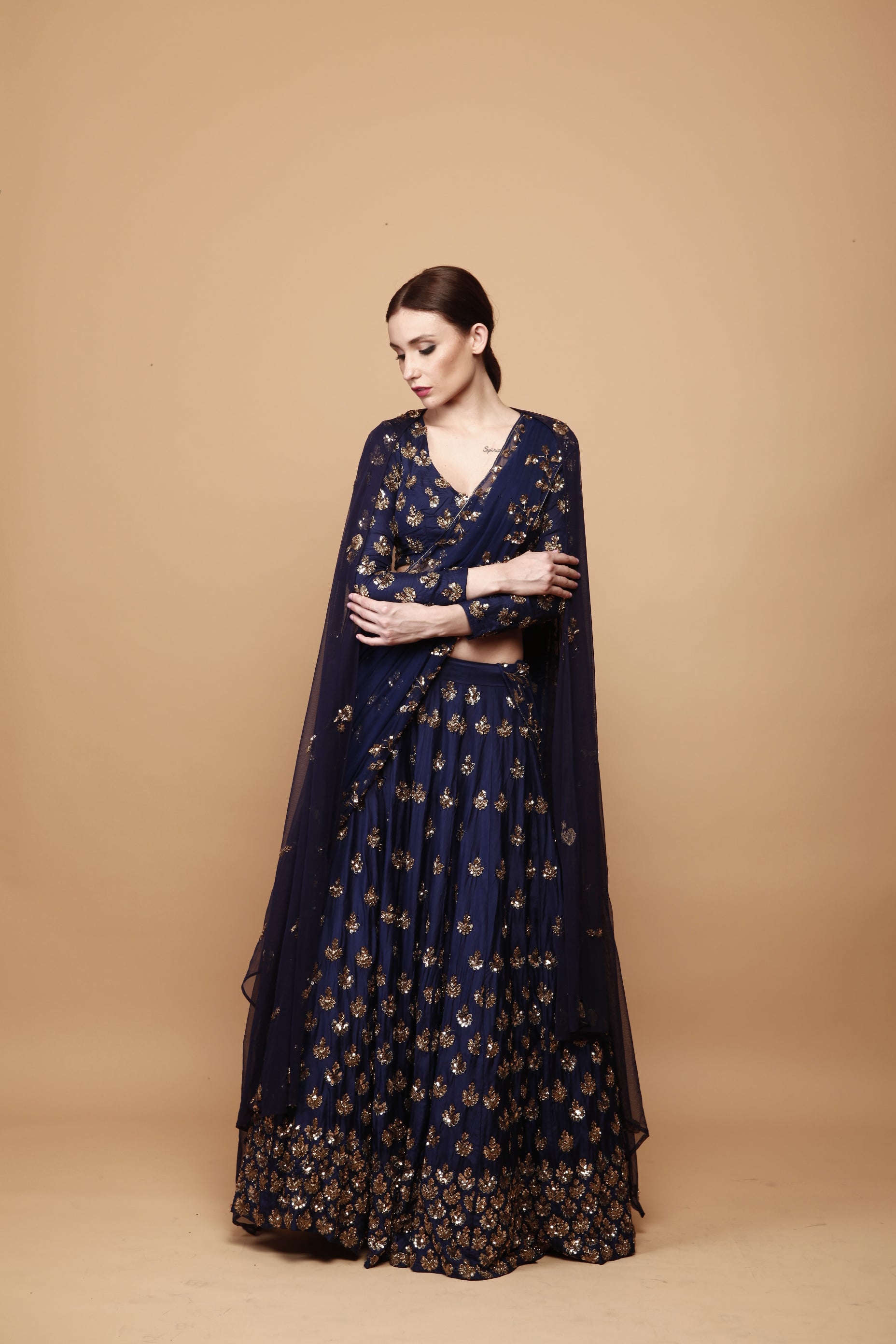 Navy Blue Gold Booti Silk Lehenga (3-Piece) - Image 1
