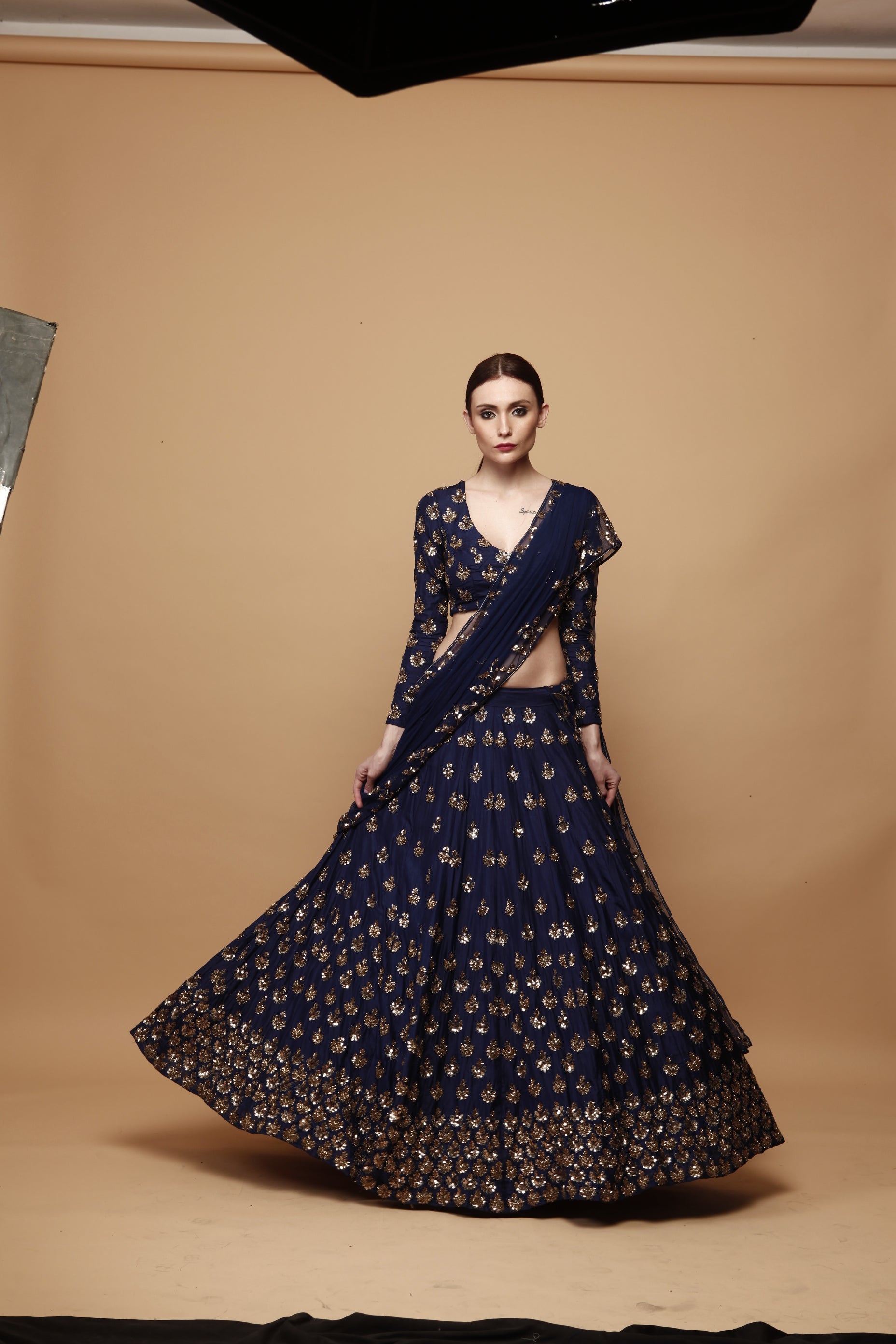 Navy Blue Gold Booti Silk Lehenga (3-Piece) - Image 10