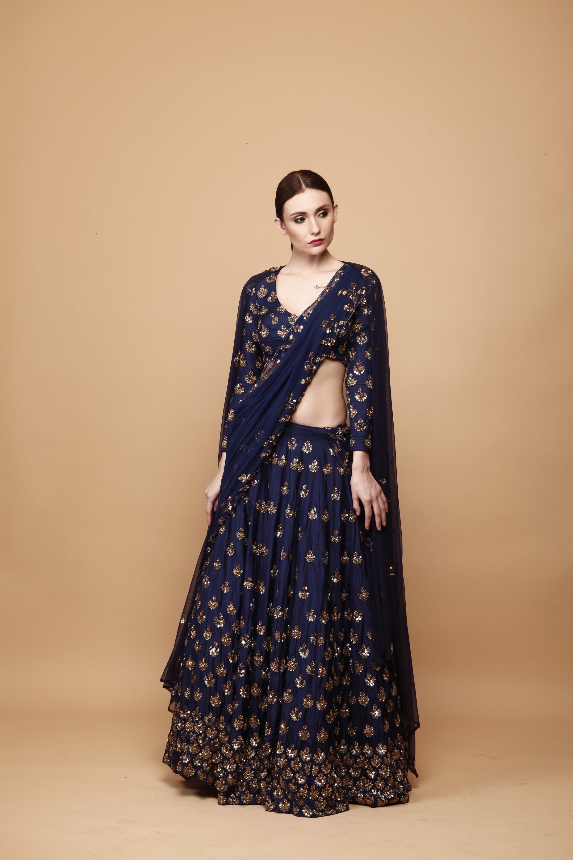Navy Blue Gold Booti Silk Lehenga (3-Piece) - Image 2
