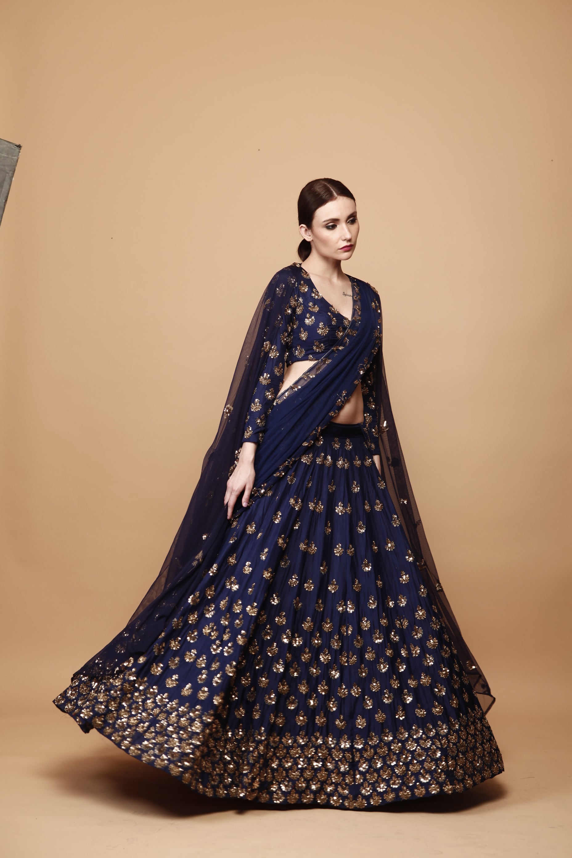 Navy Blue Gold Booti Silk Lehenga (3-Piece) - Image 3