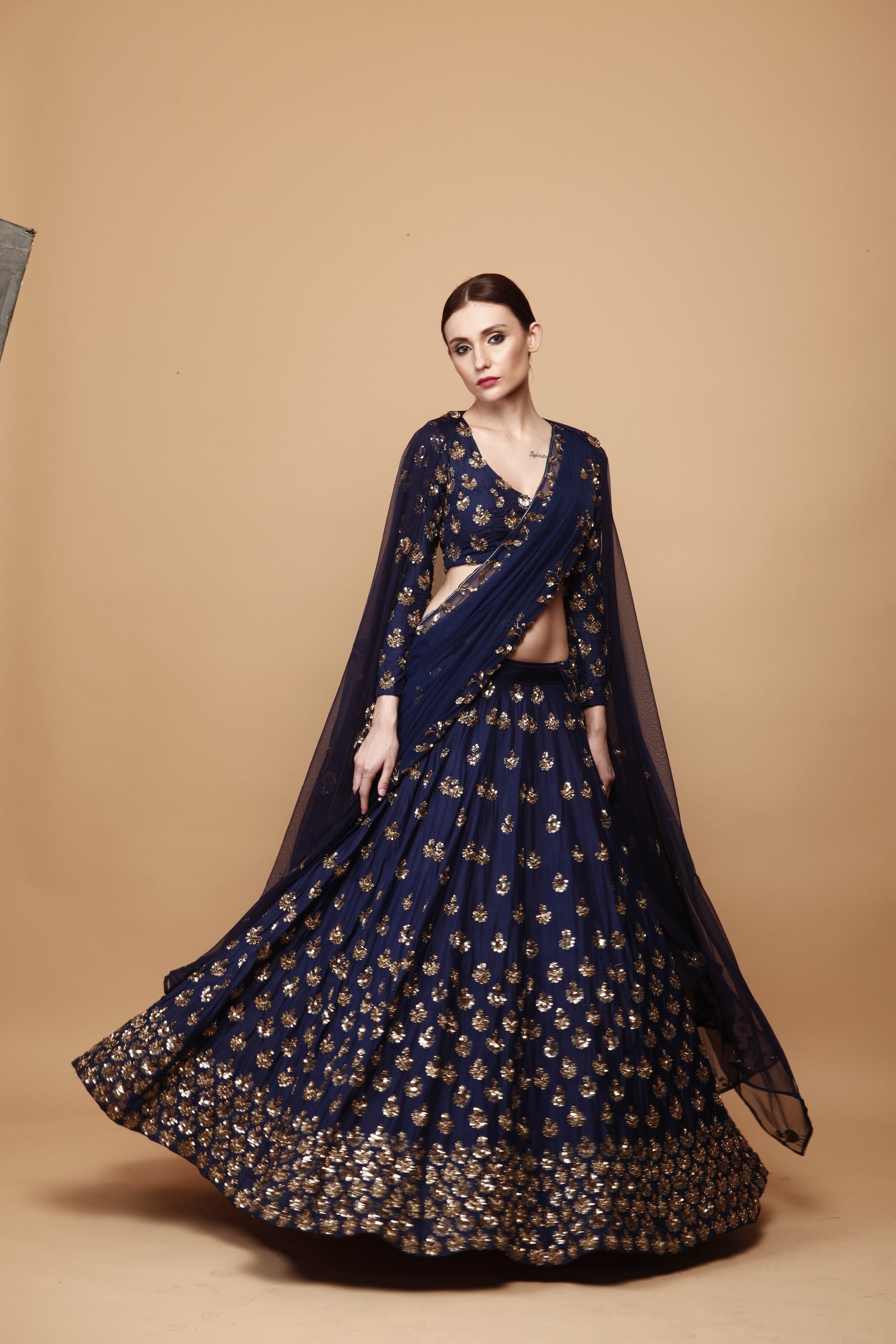 Navy Blue Gold Booti Silk Lehenga (3-Piece) - Image 4