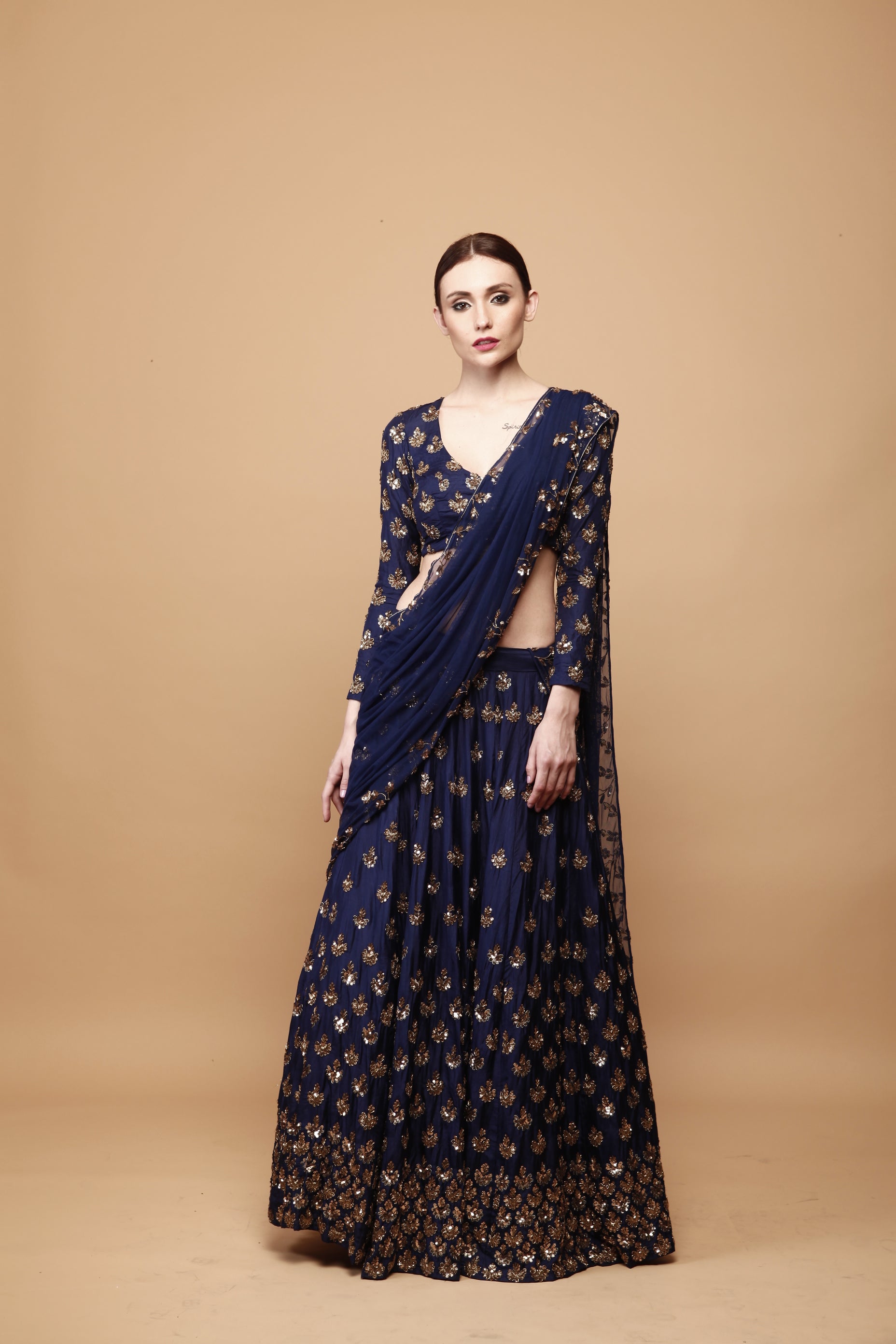 Navy Blue Gold Booti Silk Lehenga (3-Piece) - Image 5