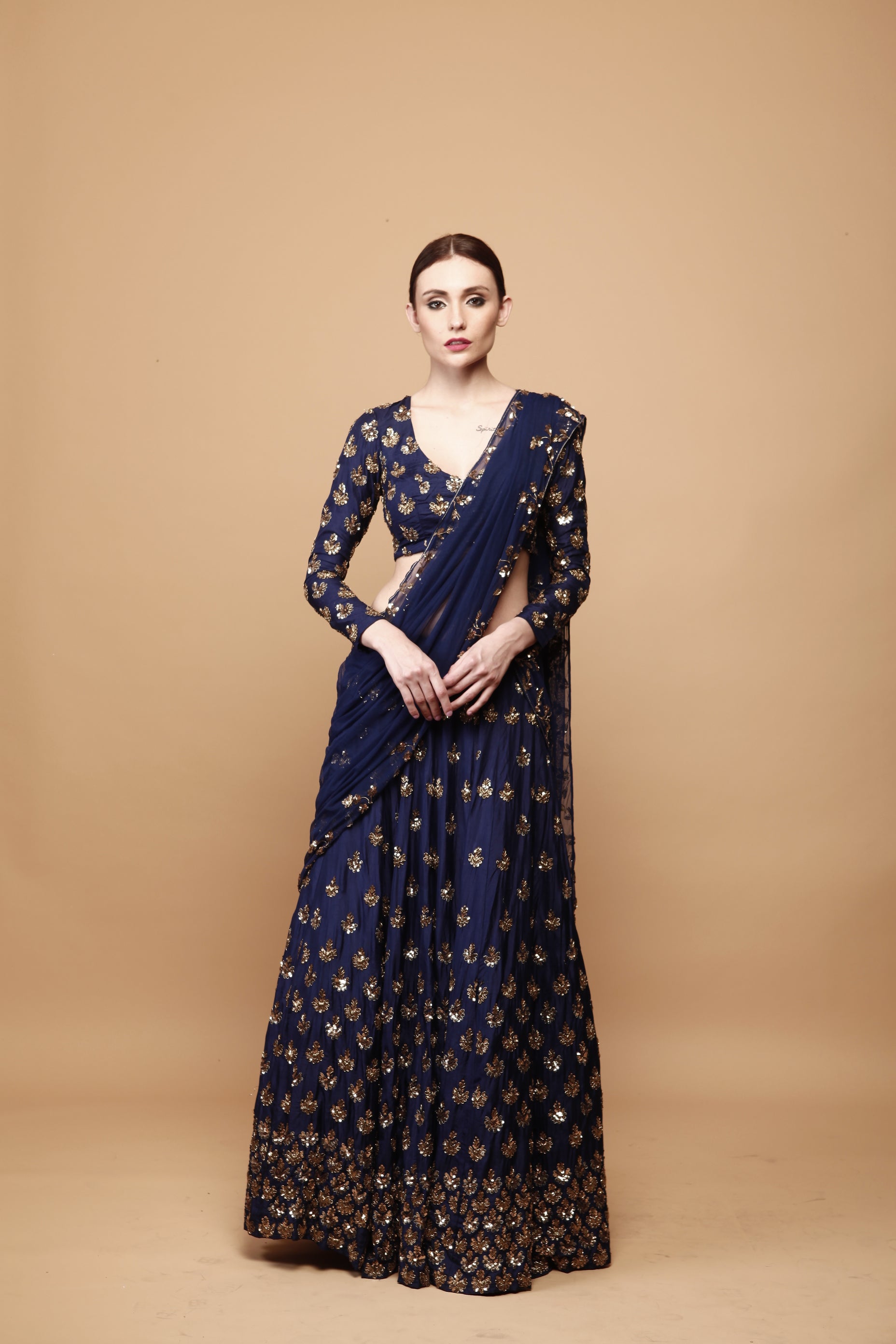 Navy Blue Gold Booti Silk Lehenga (3-Piece) - Image 6