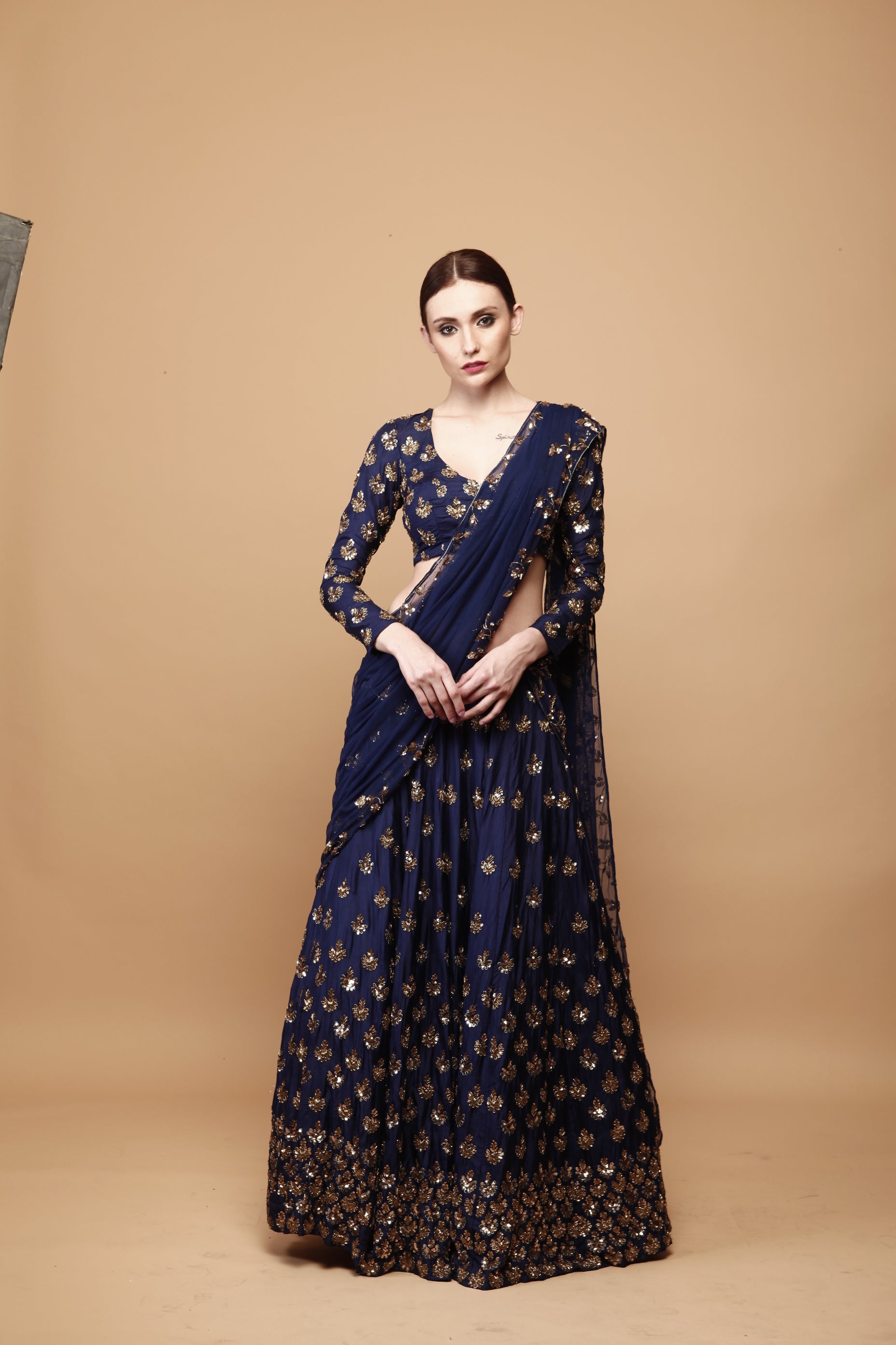 Navy Blue Gold Booti Silk Lehenga (3-Piece) - Image 7
