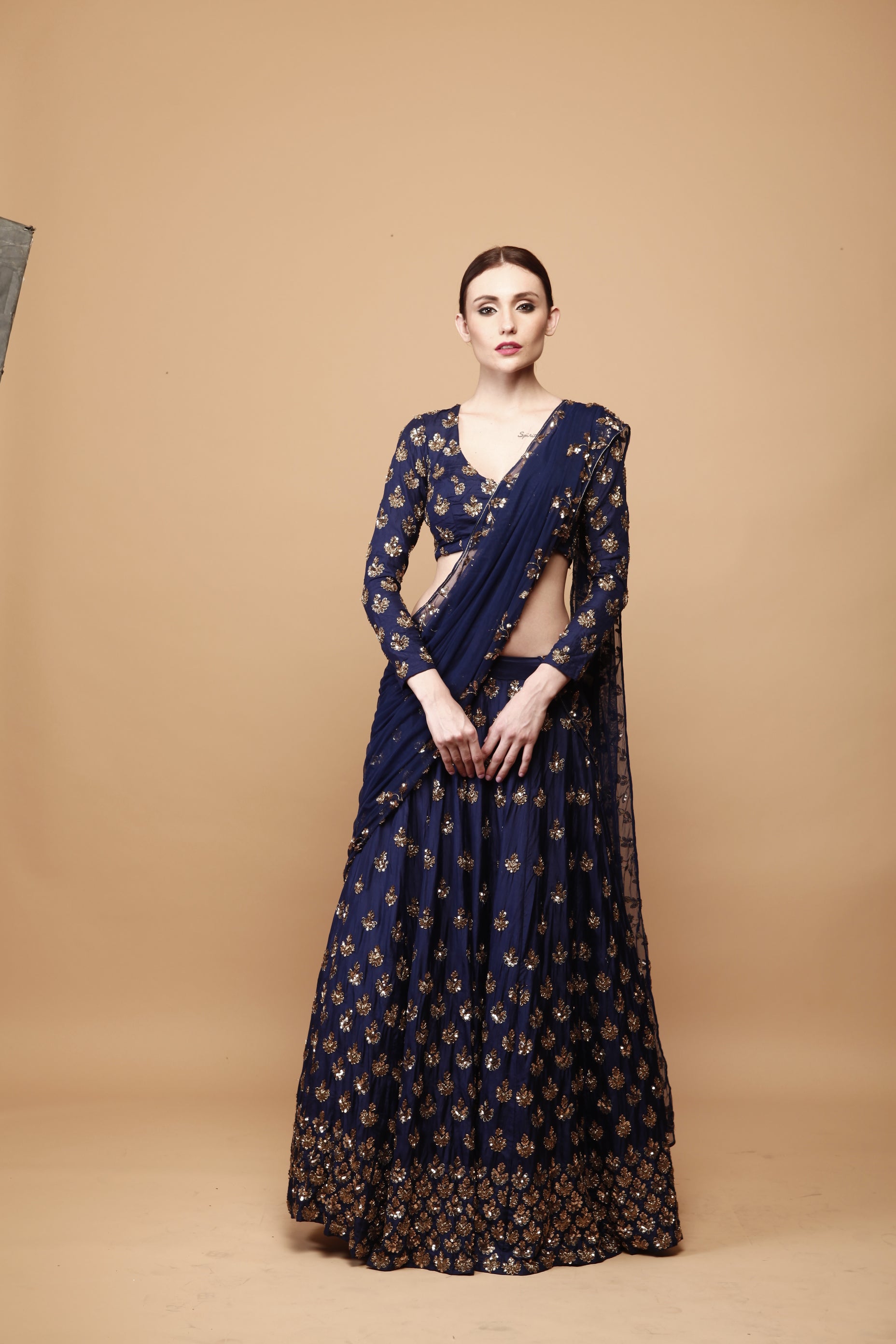 Navy Blue Gold Booti Silk Lehenga (3-Piece) - Image 8