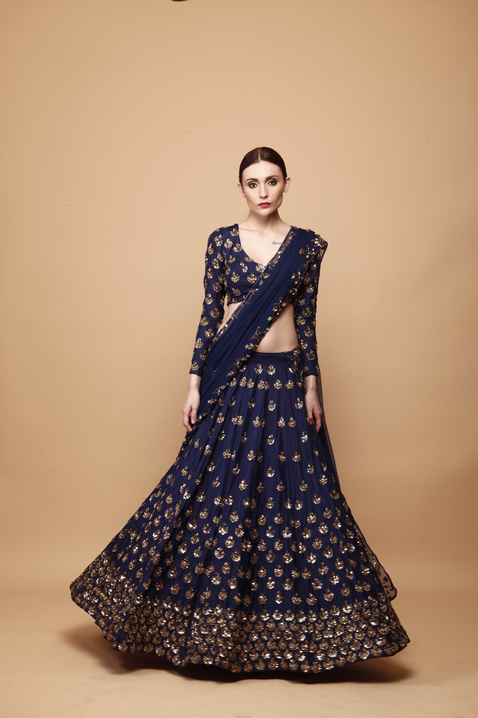 Navy Blue Gold Booti Silk Lehenga (3-Piece) - Image 9