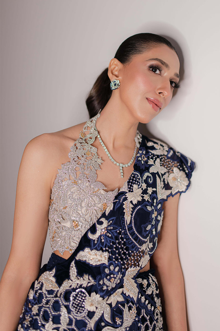 Pakistani Navy & Silver Embellished Silk Organza Lehenga (2-Piece) - Image 10