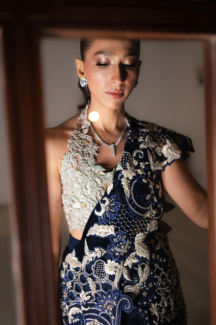 Pakistani Navy & Silver Embellished Silk Organza Lehenga (2-Piece) - Image 12