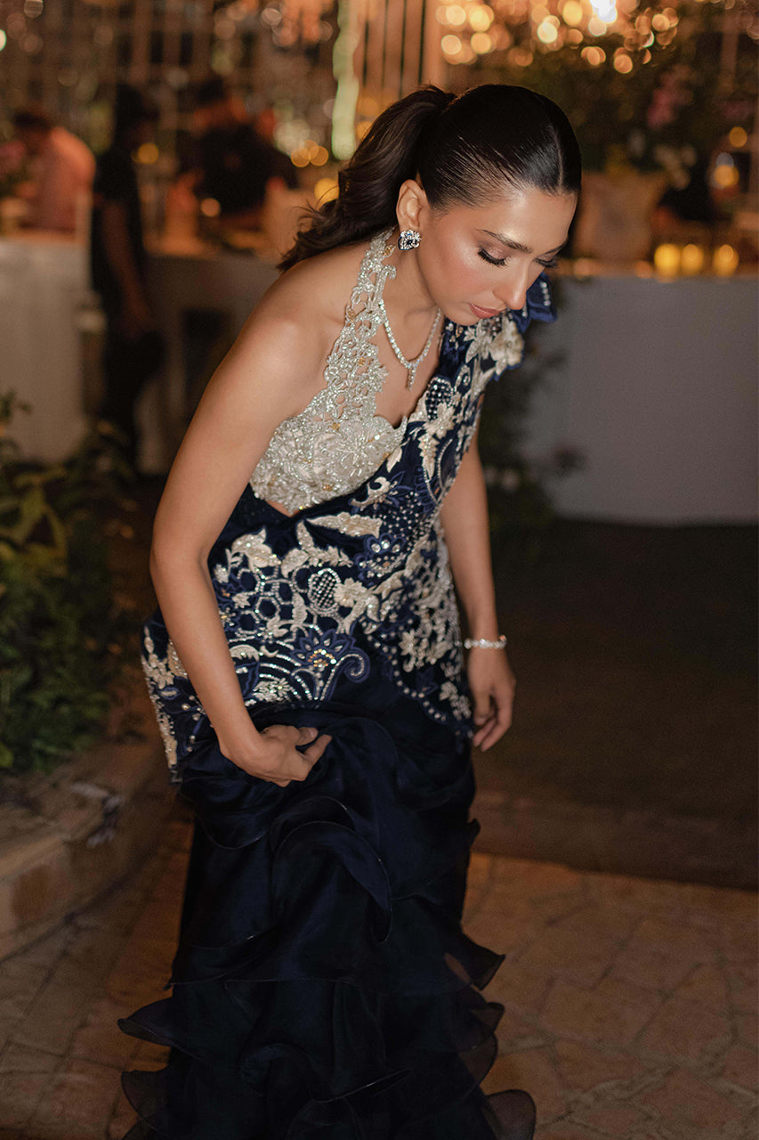 Pakistani Navy & Silver Embellished Silk Organza Lehenga (2-Piece) - Image 13